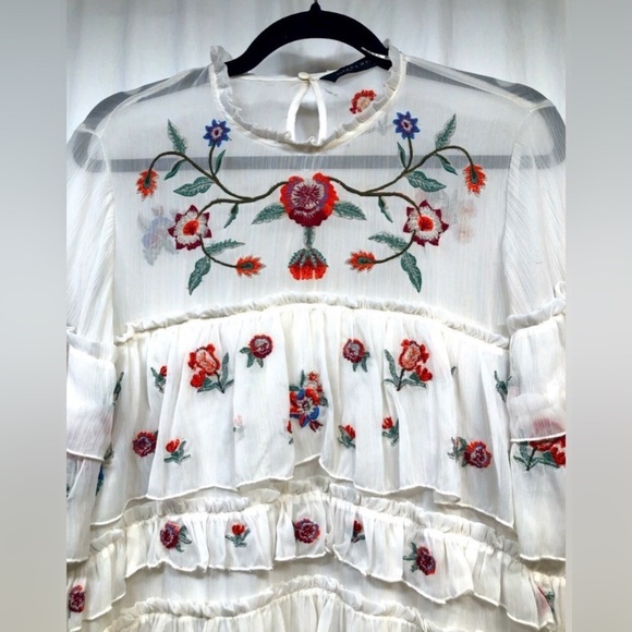 Zara White Ruffle Tiered Floral Embroidered Aztec Bloom Babydoll Dress Large - Picture 3 of 16